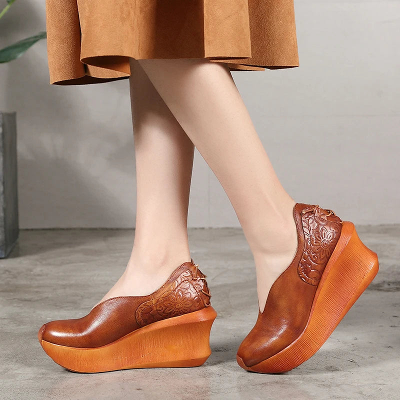 Women Slip On Thick Heel Platform Shoes Genuine Leather Wedges 3621-6