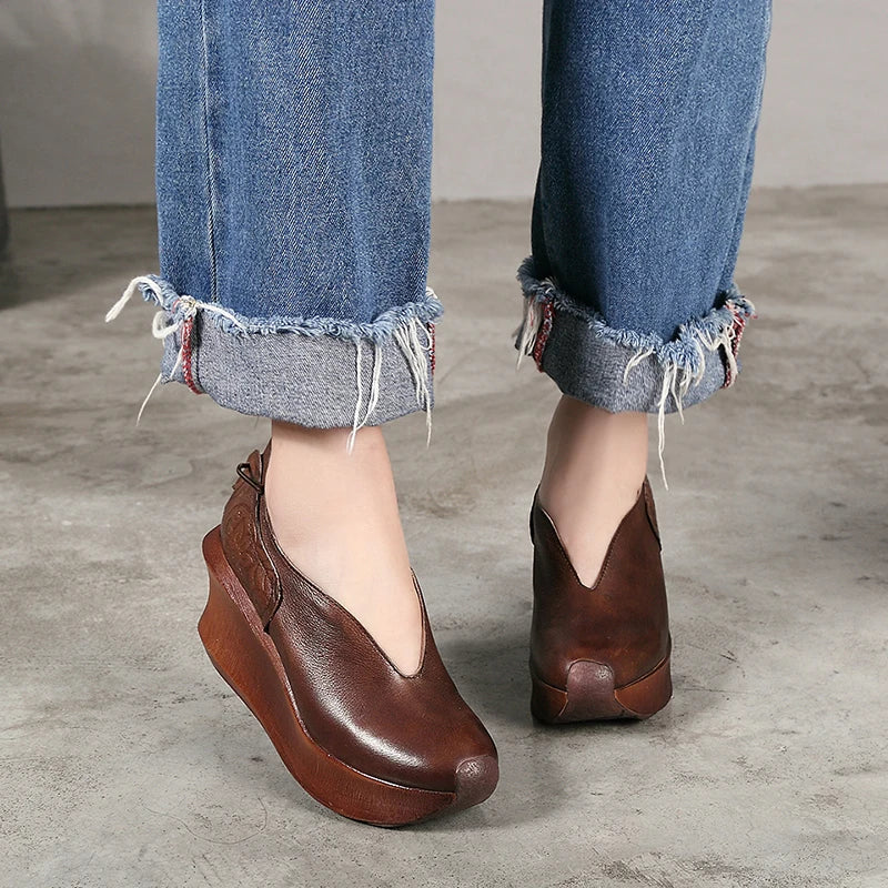 Women Slip On Thick Heel Platform Shoes Genuine Leather Wedges 3621-6