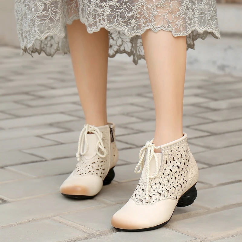 Women Genuine Leather Retro Soft Sole Boots Hollow Design 3651