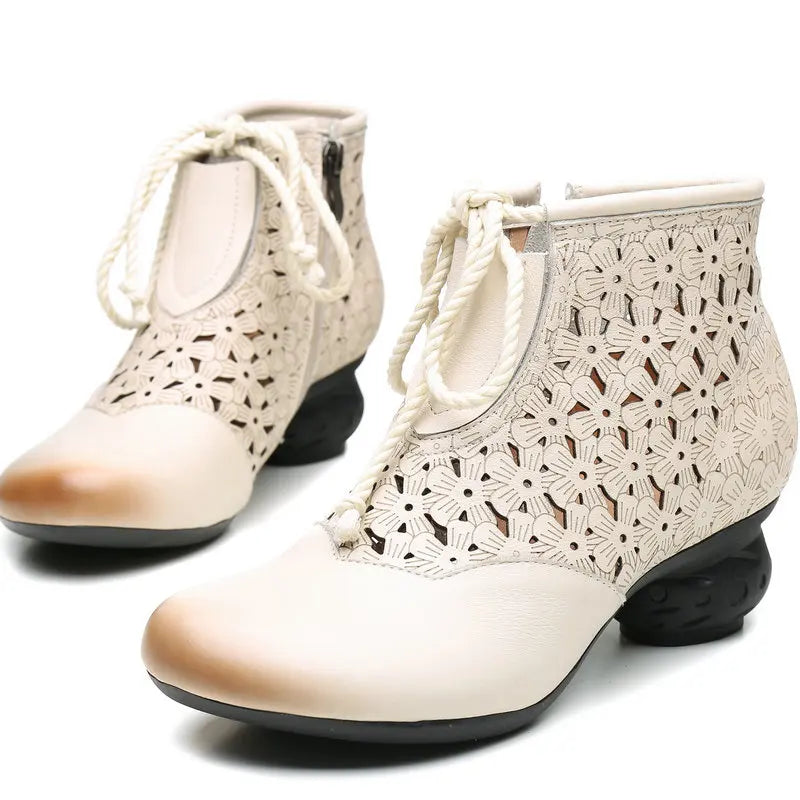 Women Genuine Leather Retro Soft Sole Boots Hollow Design 3651