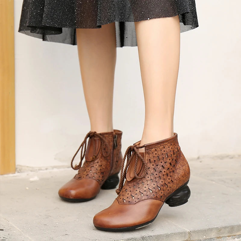 Women Genuine Leather Retro Soft Sole Boots Hollow Design 3651