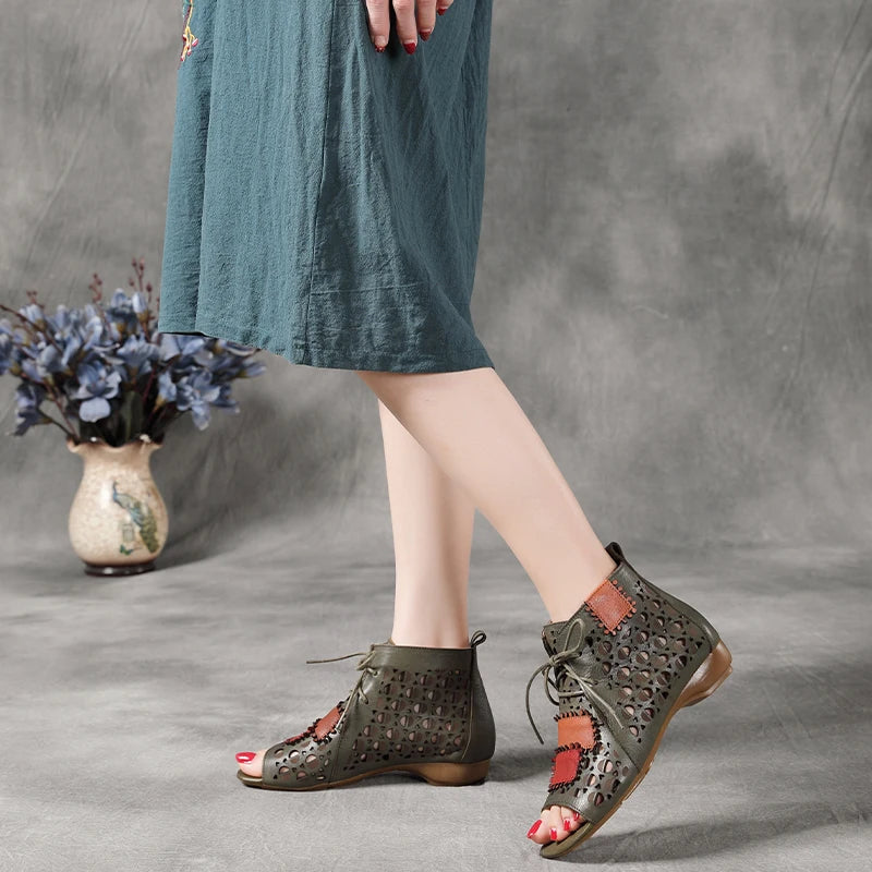Women's Peep Toe Flat Shoes Real Leather 8022