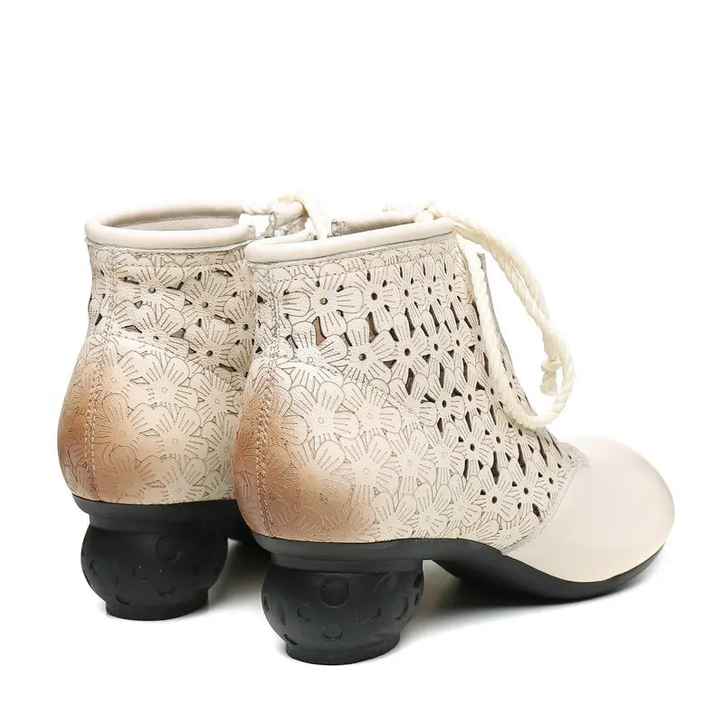 Women Genuine Leather Retro Soft Sole Boots Hollow Design 3651