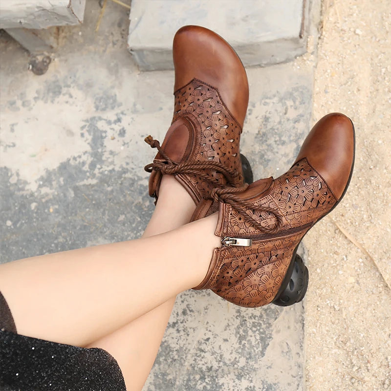 Women Genuine Leather Retro Soft Sole Boots Hollow Design 3651