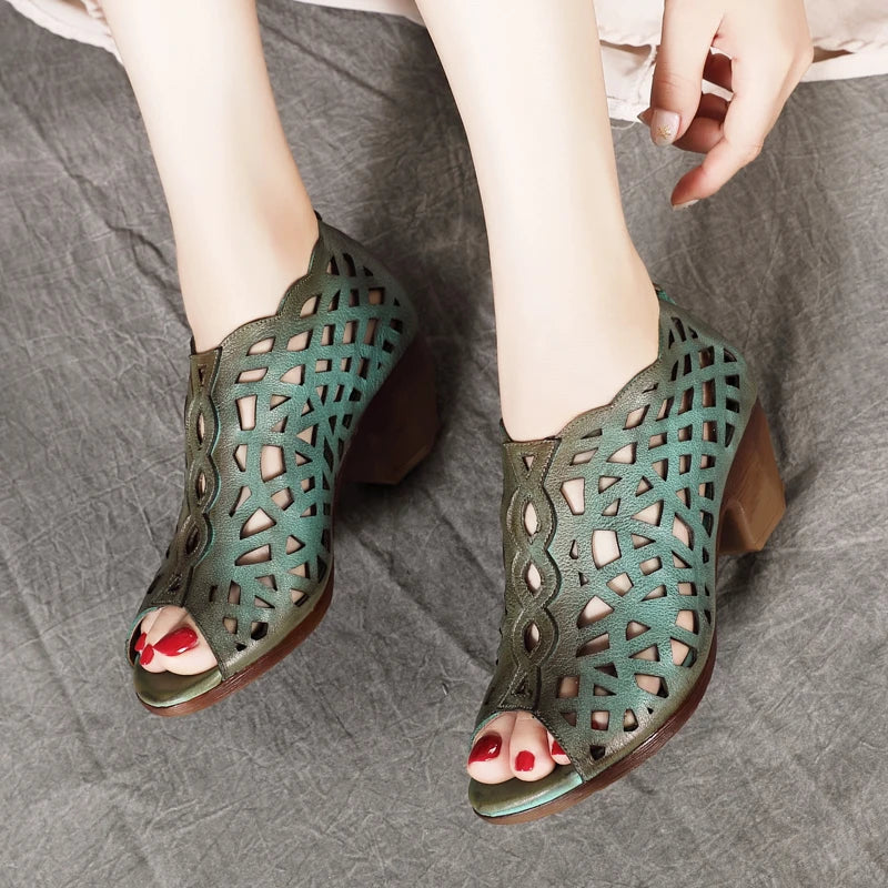 Women's Real Leather Peep Toe High Heels Shoes Pumps 6225-3