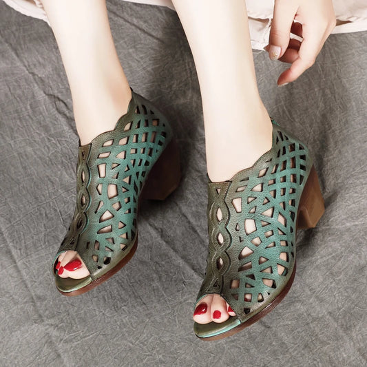 Women's Real Leather Peep Toe High Heels Shoes Pumps 6225-3
