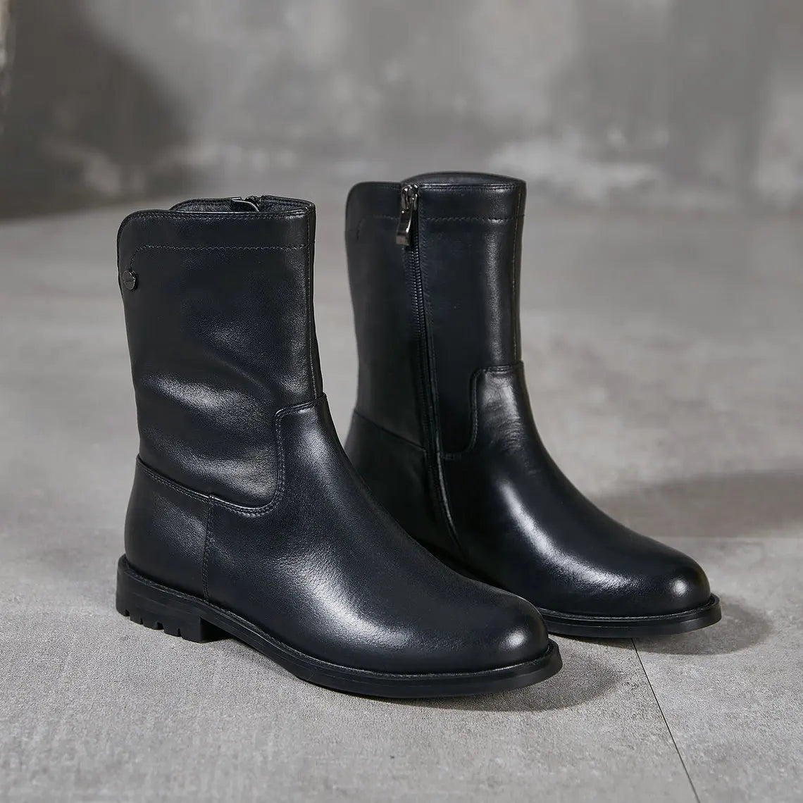 Women Black Genuine Leather Short Boots 3625-1