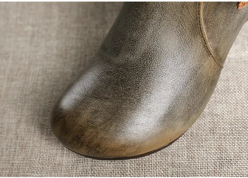 women Retro Genuine Leather Thick Heel Boots 3286