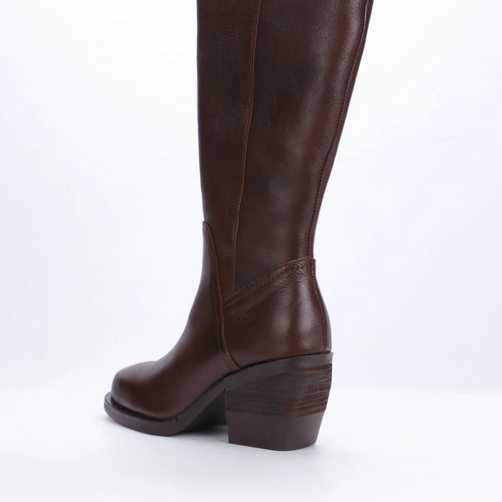 Women's Round Toe Thick Heel Genuine Leather Tall Boots 3561