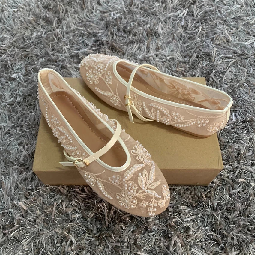 Women Hollow Embroidery Pearl Mesh Ballet Flats