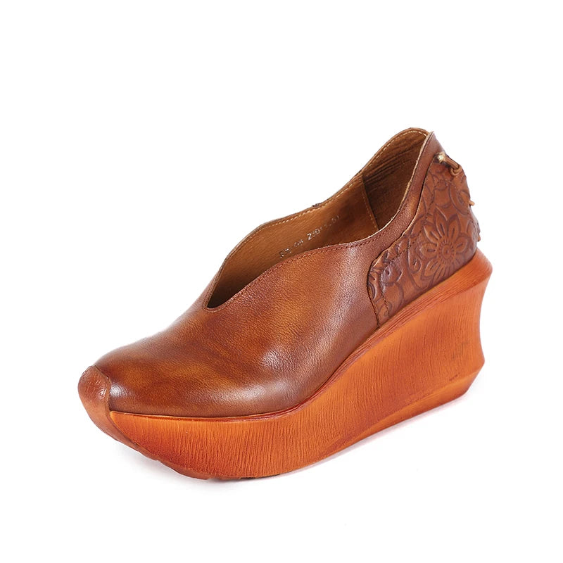 Women Slip On Thick Heel Platform Shoes Genuine Leather Wedges 3621-6
