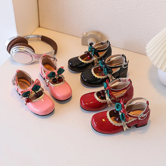 Children's Thick Heel Round Toe Mary Jane Leather Shoes Girls' Cute Bow Princess Shoes