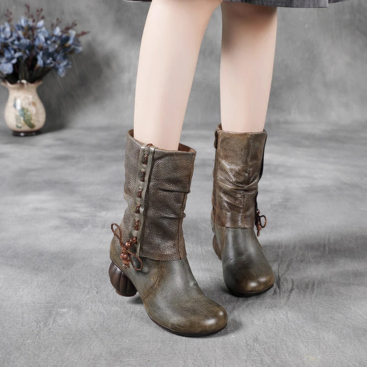 women Retro Genuine Leather Thick Heel Boots 3286
