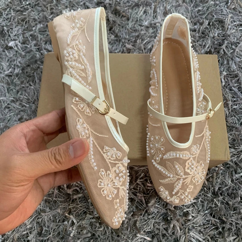 Women Hollow Embroidery Pearl Mesh Ballet Flats