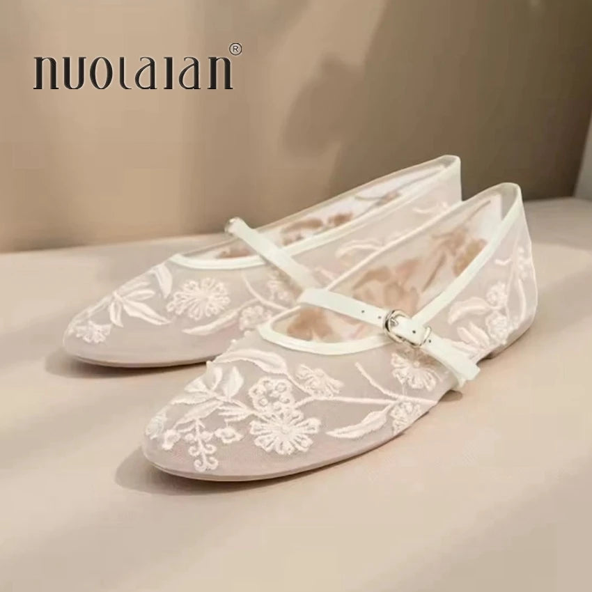 Women Hollow Embroidery Pearl Mesh Ballet Flats