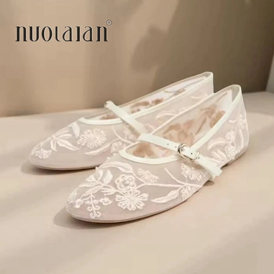 Women Hollow Embroidery Pearl Mesh Ballet Flats