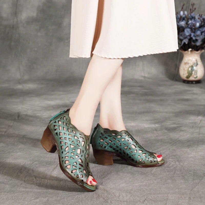 Women's Real Leather Peep Toe High Heels Shoes Pumps 6225-3