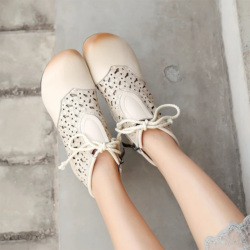 Women Genuine Leather Retro Soft Sole Boots Hollow Design 3651