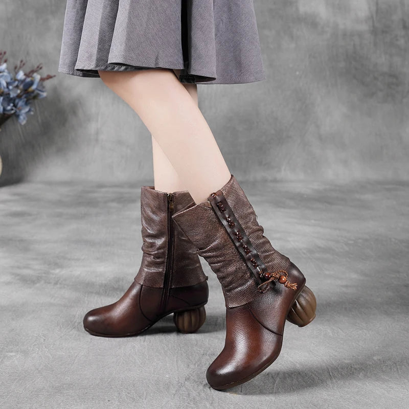 women Retro Genuine Leather Thick Heel Boots 3288